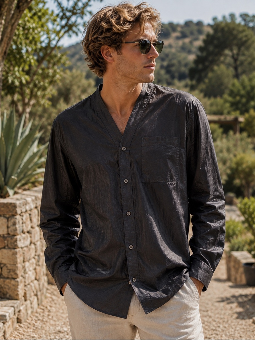 The Kooples Paris Men’s Black Relaxed Collarless Button Down Shirt Size L